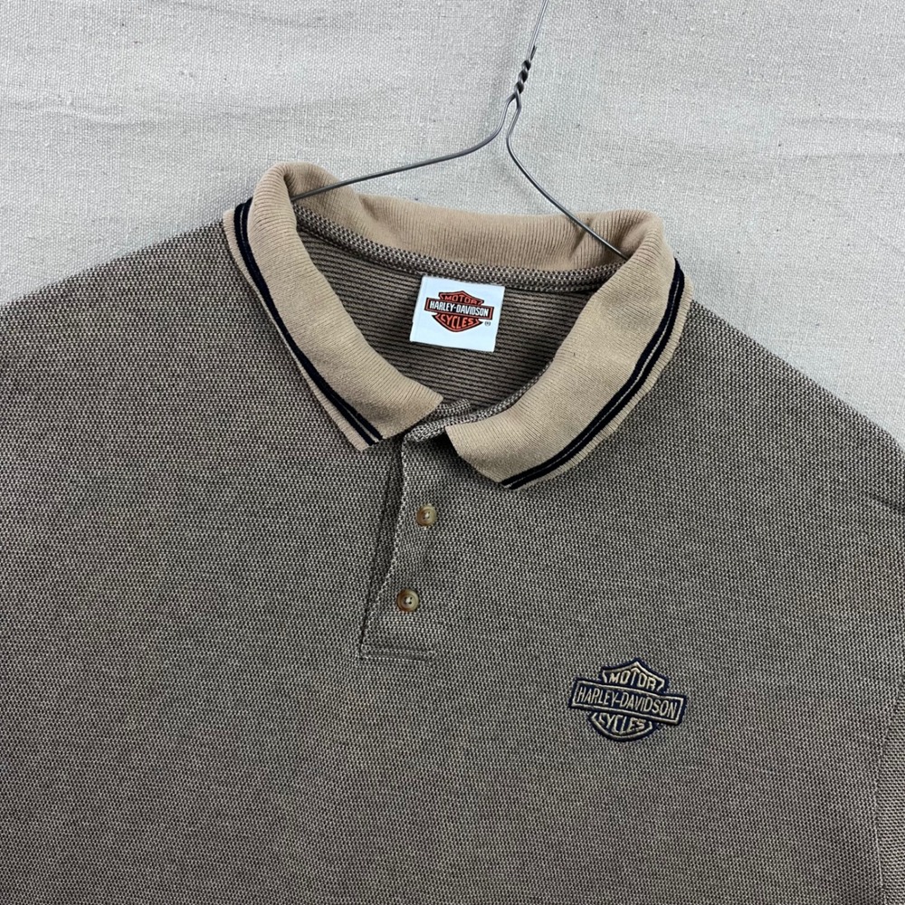 Harley-Davidson Polo Shirt Mens 2XL Tan‎ Brown Embroidered Biker Textured Knit